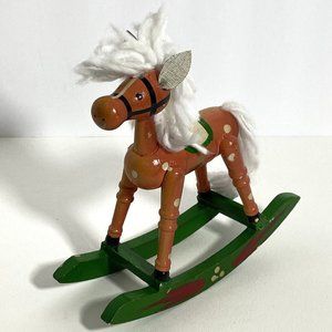 Christmas Rocking Horse Wood Vintage Figure Miniature White Green Brown 7in Tall